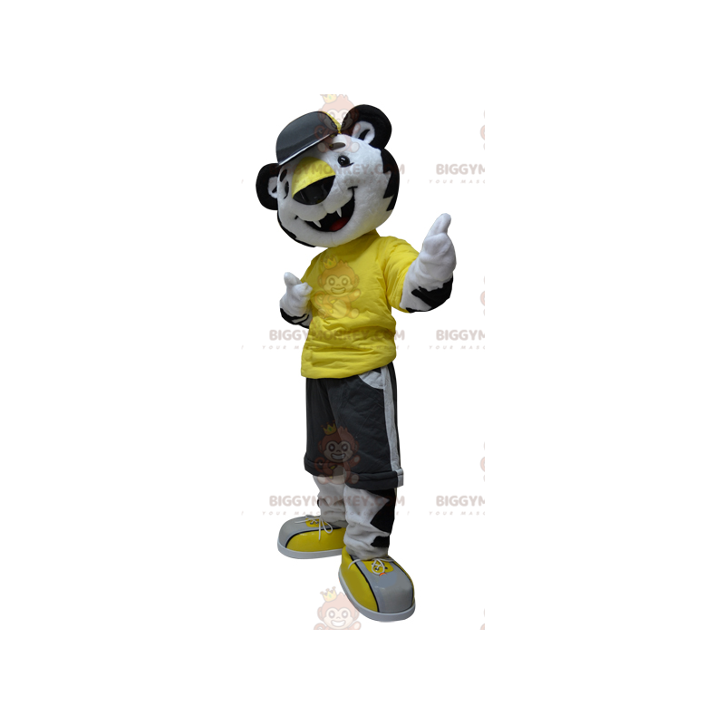 Traje de mascote BIGGYMONKEY™ Tigre Chita preto e branco – Traje de mascote BIGGYMONKEY™ Tigre Chita preto e branco –
