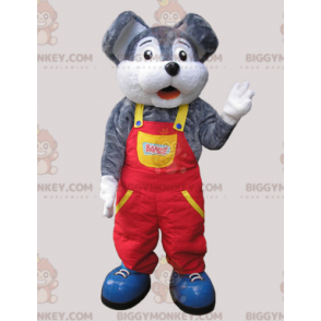 Grå og hvid mus BIGGYMONKEY™ maskotkostume klædt i overalls - Mus maskot - BIGGYMONKEY_05775 - BiggyMonkey.com