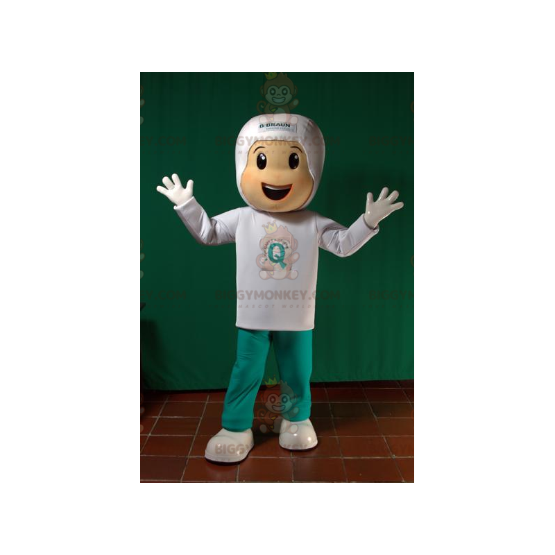 Costume da mascotte BIGGYMONKEY™ da ragazzo vestito di bianco e Costume da mascotte BIGGYMONKEY™ da ragazzo vestito di bianco e
