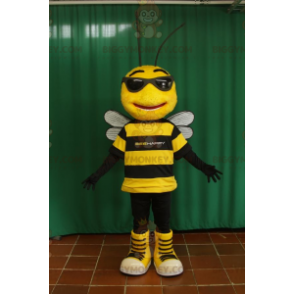 Traje de mascote de abelha preta e amarela BIGGYMONKEY™ com
