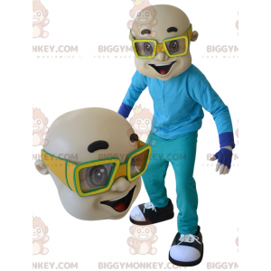 Kostým maskota BIGGYMONKEY™ Plešatý muž se žlutými brýlemi –