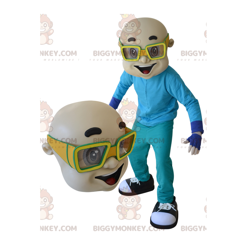 BIGGYMONKEY™ maskottiasu Kalju mies keltaisilla lasilla - BIGGYMONKEY™ maskottiasu Kalju mies keltaisilla lasilla -