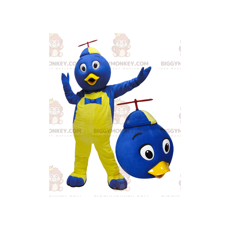 Costume da mascotte BIGGYMONKEY™ uccello blu e giallo con Costume da mascotte BIGGYMONKEY™ uccello blu e giallo con