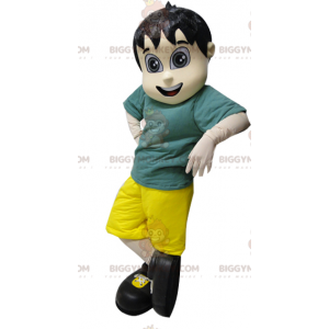 Young Brown Boy BIGGYMONKEY™ Mascot Costume in Green and Yellow
