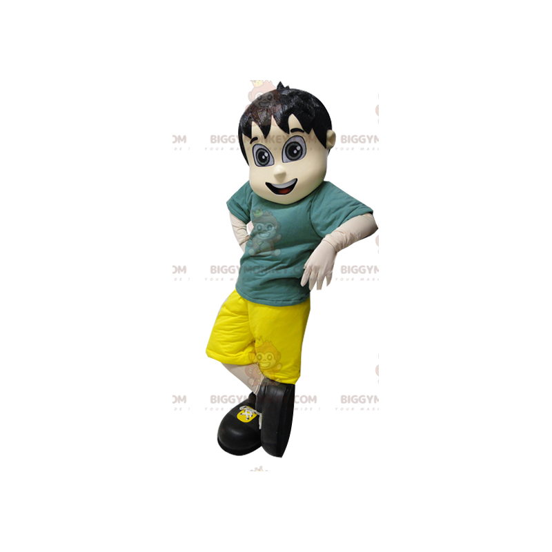 BIGGYMONKEY™-mascottekostuum voor jonge bruine jongen in groene BIGGYMONKEY™-mascottekostuum voor jonge bruine jongen in groene