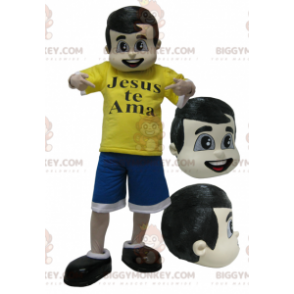 Brown boy BIGGYMONKEY™ mascot costume dressed in blue and