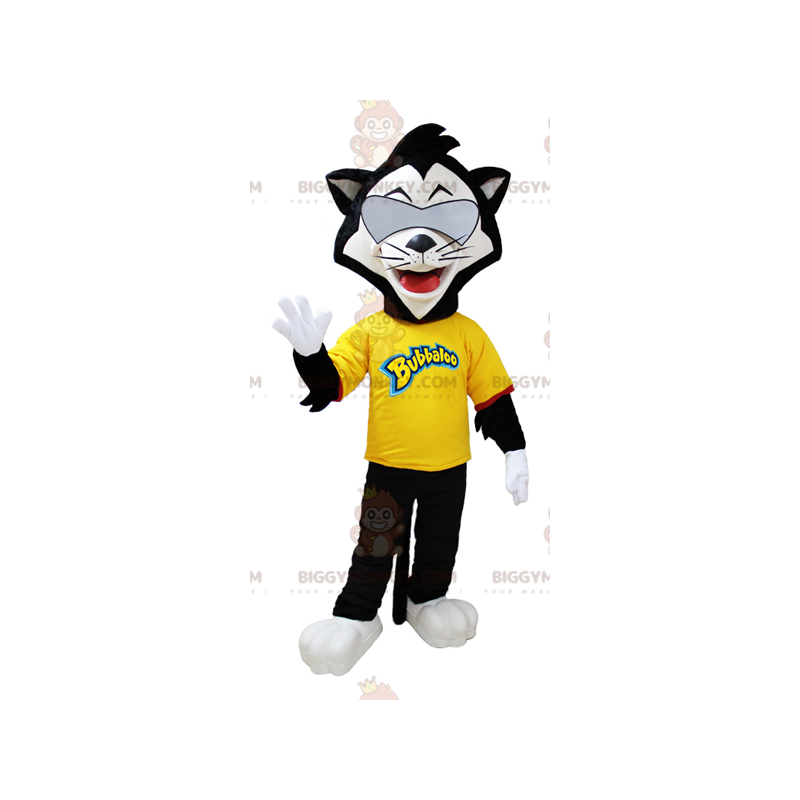 Traje de mascote de gato preto e branco BIGGYMONKEY™ com óculos