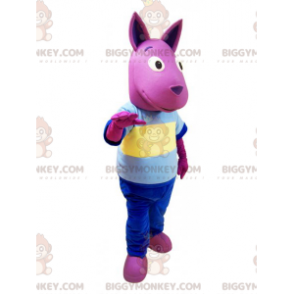 BIGGYMONKEY™ Rosa kengurumaskotkostyme med fargerikt antrekk - Kenguru-maskoter - BIGGYMONKEY_05823 - BiggyMonkey.com