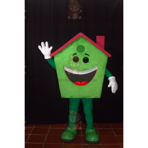 Lächelndes grünes Haus BIGGYMONKEY™ Maskottchenkostüm mit rotem