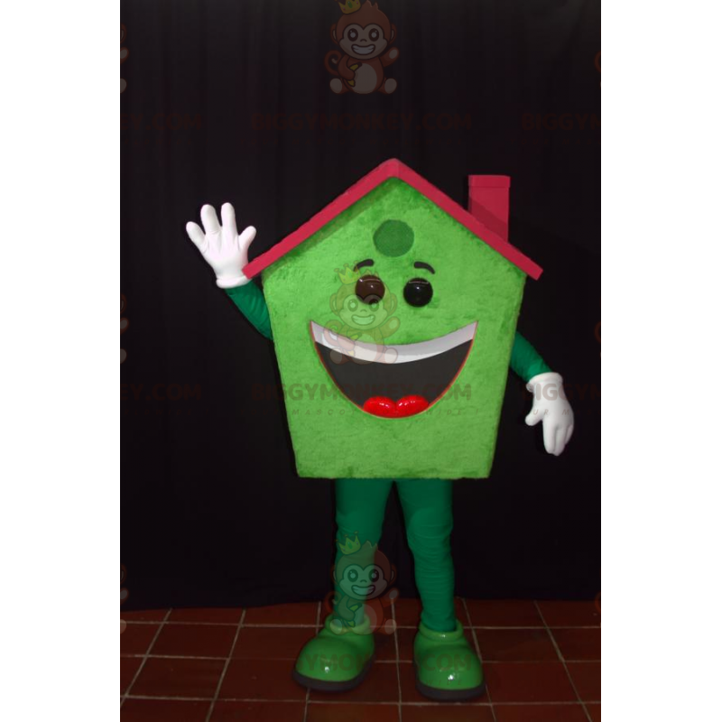 Smiling Green House BIGGYMONKEY™ Mascot Costume with Red Roof -