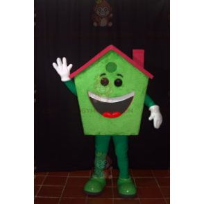 Hymyilevä vihreä talo BIGGYMONKEY™ maskottiasu punaisella