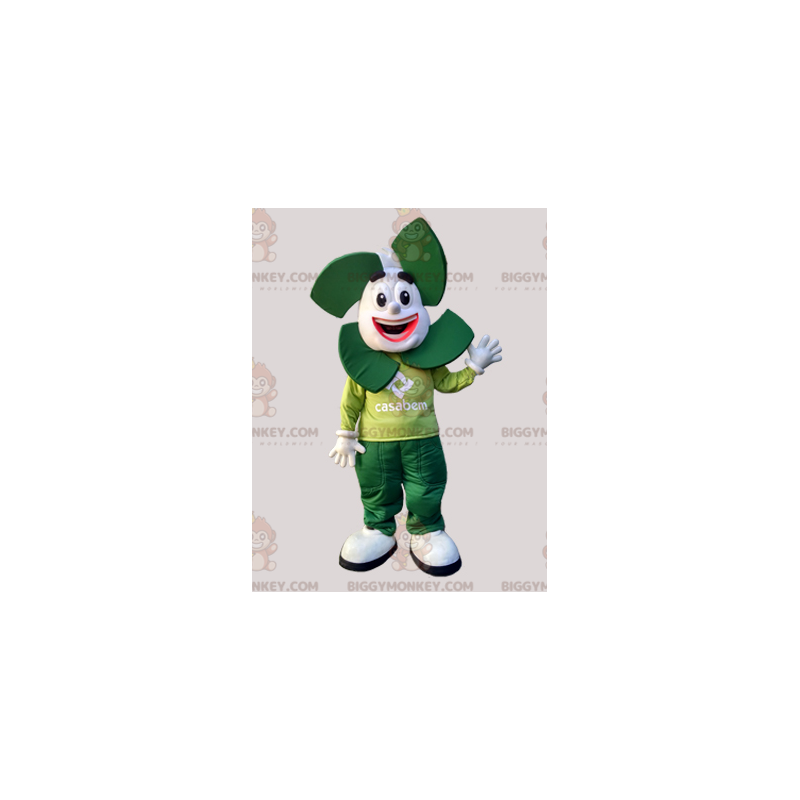 Wit en groen BIGGYMONKEY™-mascottekostuum met sneeuwpop. Wit en groen BIGGYMONKEY™-mascottekostuum met sneeuwpop.