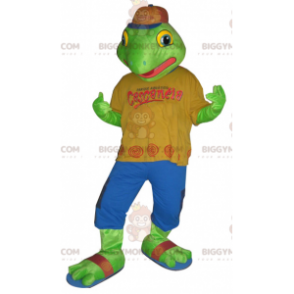 Kostým maskota zelené žáby BIGGYMONKEY™ v barevném oblečení - Žabí maskoti - BIGGYMONKEY_05836 - BiggyMonkey.com