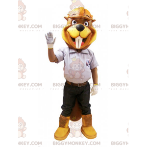 BIGGYMONKEY™ Mascot Costume Yellow & Brown Beaver In Workwear -