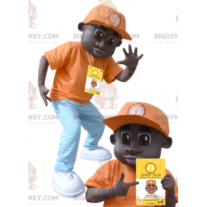 Kostým maskota afroamerického chlapce BIGGYMONKEY™ v oranžovém
