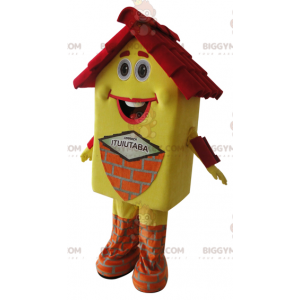Zeer glimlachend geel en rood huis BIGGYMONKEY™ mascottekostuum