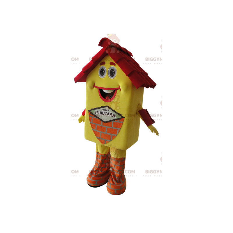 Costume de mascotte BIGGYMONKEY™ de maison jaune et rouge très Costume de mascotte BIGGYMONKEY™ de maison jaune et rouge très