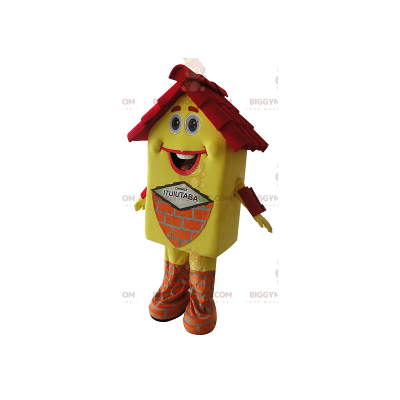 Πολύ Χαμογελαστό Κίτρινο και Κόκκινο Σπίτι μασκότ BIGGYMONKEY™