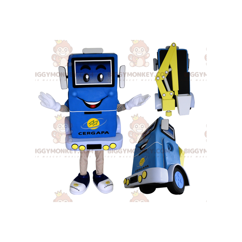 Disfraz de mascota de camión elevador azul y amarillo Disfraz de mascota de camión elevador azul y amarillo