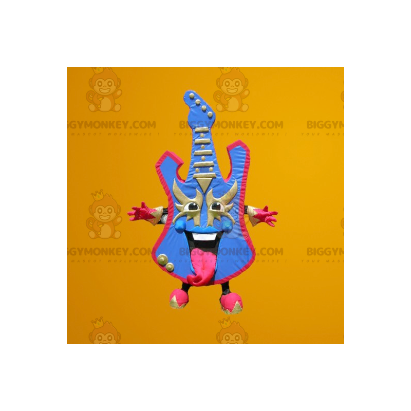 BIGGYMONKEY™-Maskottchen-Kostüm, blau und rosa, bunte E-Gitarre