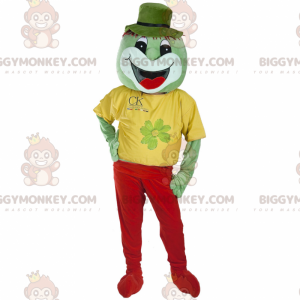 BIGGYMONKEY™ maskotdräkt av leende grön varelse klädd i rött