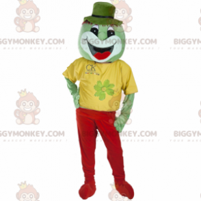 Kostium maskotka BIGGYMONKEY™ uśmiechniętego zielonego stwora ubranego w czerwono-żółto - Maskotki potworów - BiggyMonkey.com