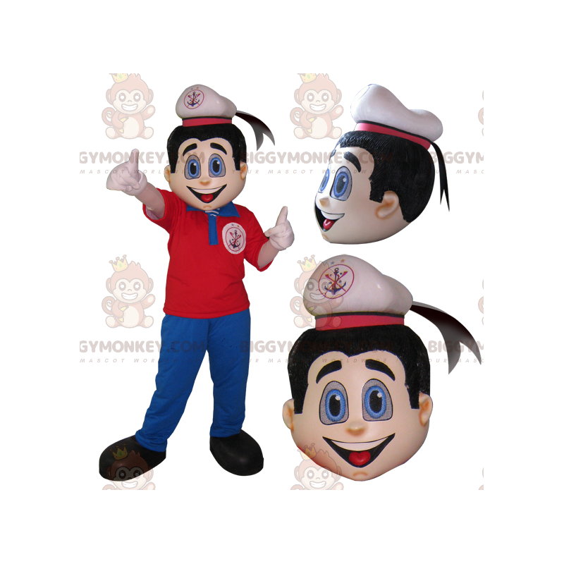 Στολή μασκότ Seaman Sailor BIGGYMONKEY™ σε κόκκινο και μπλε ντύσιμο - Μασκότ ψαριών - BIGGYMONKEY_05873 - BiggyMonkey.com