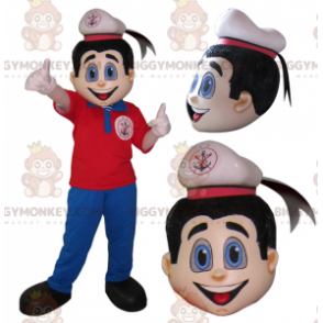 Seaman Sailor BIGGYMONKEY™ Maskottchenkostüm in rot-blauem Outfit - Fischmaskottchen - BIGGYMONKEY_05873 - BiggyMonkey.com
