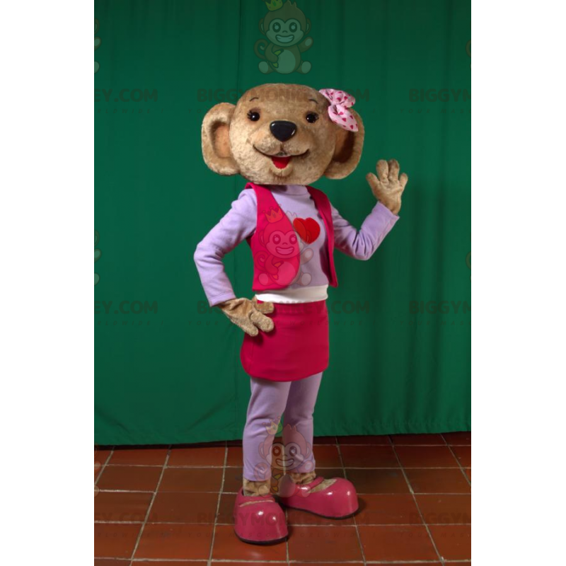 BIGGYMONKEY™ maskotkostume af brun bjørn i pink og lilla outfit BIGGYMONKEY™ maskotkostume af brun bjørn i pink og lilla outfit