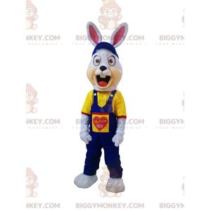 Angry White Rabbit BIGGYMONKEY™ Mascot Costume Dressed In Blue