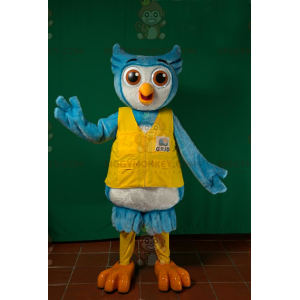 Kostým modrobílá sova BIGGYMONKEY™ maskot se žlutou vestou –