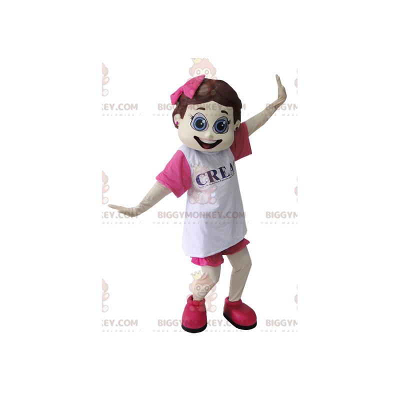 Flirtende pige BIGGYMONKEY™ maskotkostume klædt i pink og hvid Flirtende pige BIGGYMONKEY™ maskotkostume klædt i pink og hvid