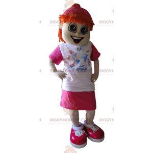 Rødhåret pige BIGGYMONKEY™ maskotkostume klædt i pink og hvid -