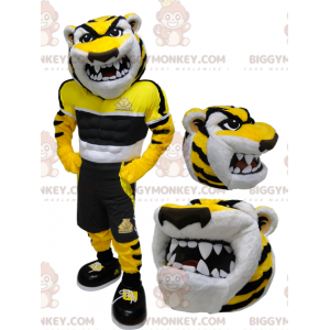 Nelítostně vypadající kostým žlutého a bílého tygra
