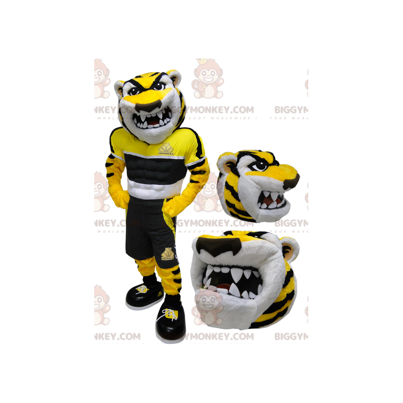 Kostium maskotki BIGGYMONKEY™ o ostrym wyglądzie żółtego i Kostium maskotki BIGGYMONKEY™ o ostrym wyglądzie żółtego i