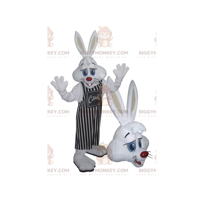 White Rabbit BIGGYMONKEY™ Mascot Costume with Striped Apron – White Rabbit BIGGYMONKEY™ Mascot Costume with Striped Apron –