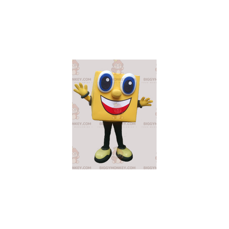 Traje de mascote de homem amarelo quadrado sorridente Traje de mascote de homem amarelo quadrado sorridente