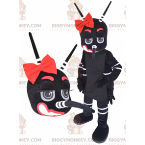 Traje de mascote de mosquito gigante preto branco e vermelho
