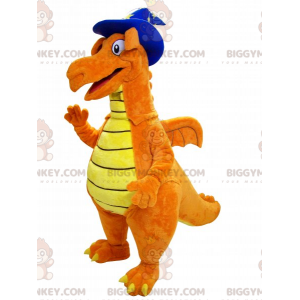 Fantasia de mascote de dinossauro laranja e amarelo