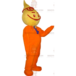 Traje de mascote de boneco de neve amarelo e laranja muito