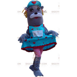 BIGGYMONKEY™ Female Gray Sea Lion Mascot Costume Dressed in