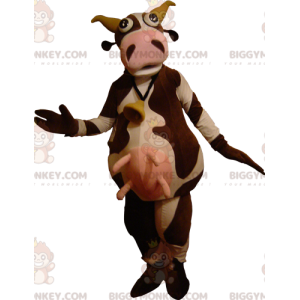 Velmi zábavný kostým hnědobílé krávy BIGGYMONKEY™ maskota –
