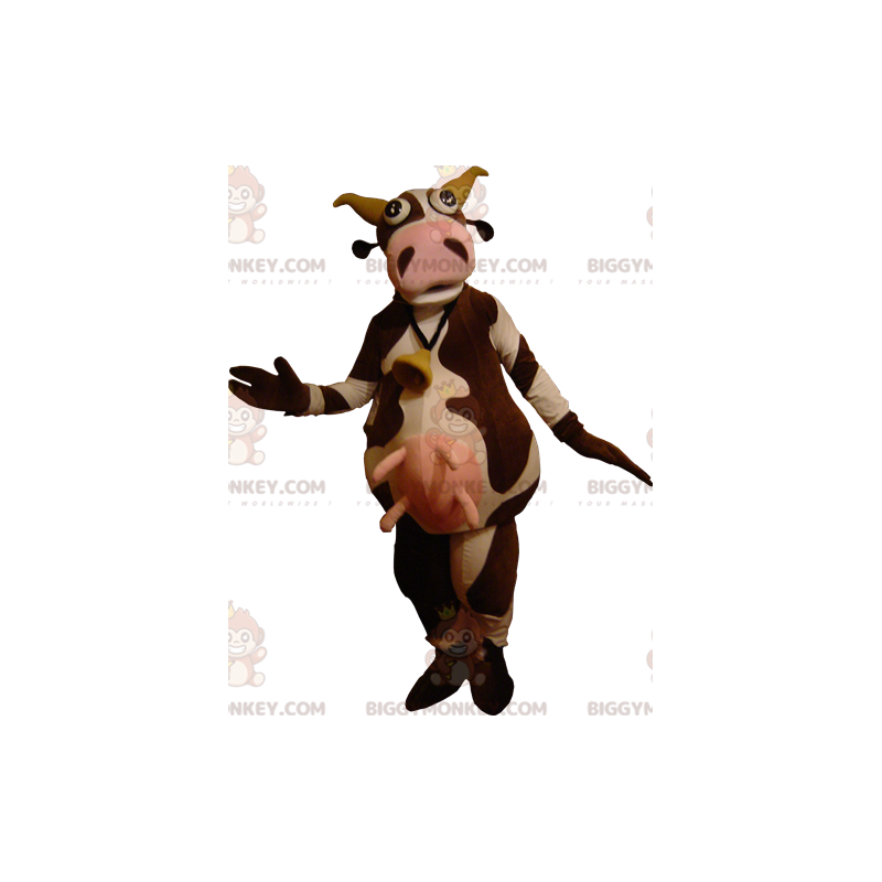 Costume de mascotte BIGGYMONKEY™ de vache marron et blanche Costume de mascotte BIGGYMONKEY™ de vache marron et blanche