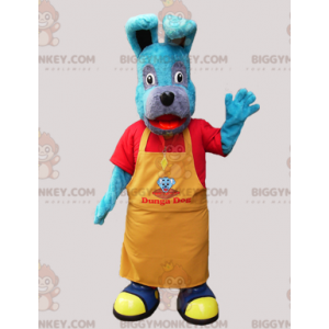 Blauer Hund BIGGYMONKEY™ Maskottchen-Kostüm mit gelber Schürze