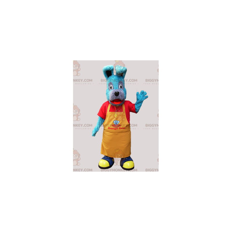 Blauwe hond BIGGYMONKEY™ mascottekostuum met gele schort - Blauwe hond BIGGYMONKEY™ mascottekostuum met gele schort -