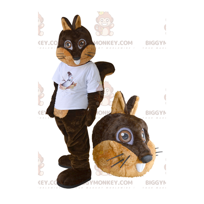 Brun och brun ekorre BIGGYMONKEY™ maskotdräkt med vit T-shirt - Brun och brun ekorre BIGGYMONKEY™ maskotdräkt med vit T-shirt -