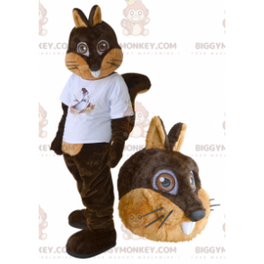 Costume de mascotte BIGGYMONKEY™ d'écureuil marron et beige avec un t-shirt blanc - Mascottes Ecureuil - BiggyMonkey.com