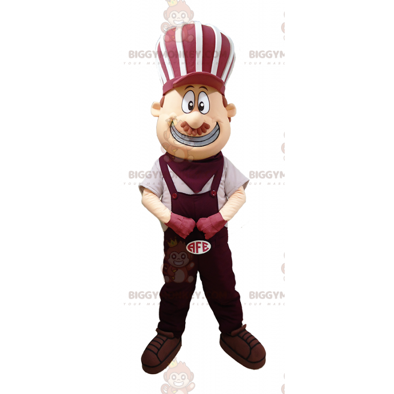 BIGGYMONKEY™ Smiling Man Mascot Costume Dressed in Purple and BIGGYMONKEY™ Smiling Man Mascot Costume Dressed in Purple and