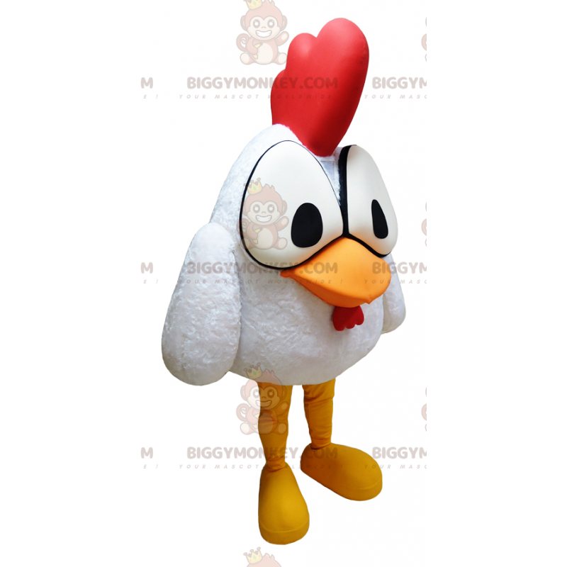 BIGGYMONKEY™ Mascot Costume White Rooster With Big Eyes And Red BIGGYMONKEY™ Mascot Costume White Rooster With Big Eyes And Red