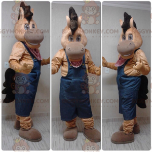 Disfraz de mascota Brown Colt Horse BIGGYMONKEY™ vestido con overol - Mascotas de caballo - BIGGYMONKEY_05990 - BiggyMonkey.com